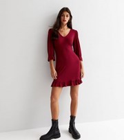 New Look Burgundy V Neck Cropped Sleeve Ruffle Hem Mini Dress